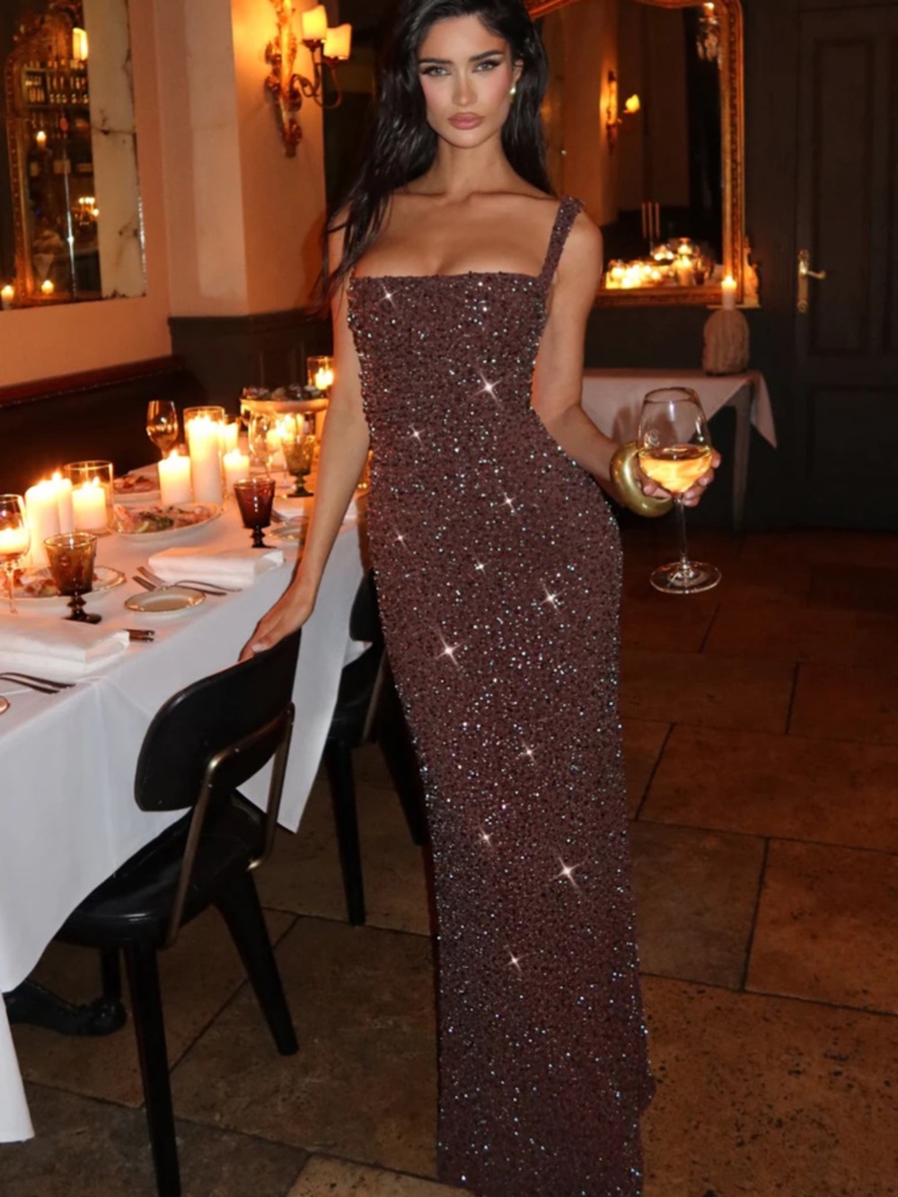 Sparkling Brown Sequin Square-Neck Evening Gown